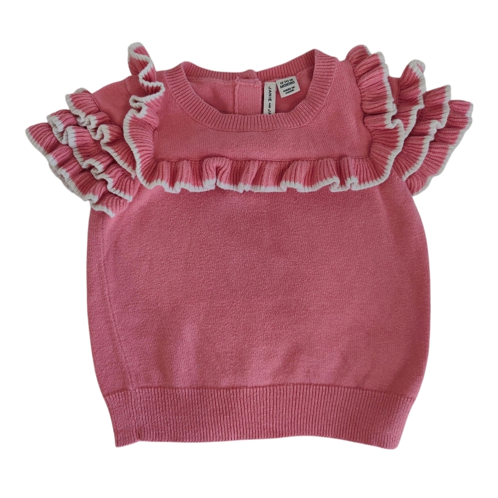 Janie and Jack Pink Ruffle Trim Sweater Top 12-18 Months Ruffles Short Sleeve